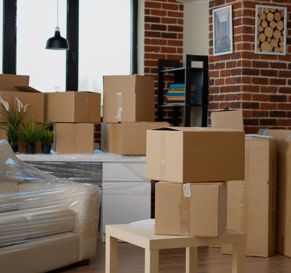 Cardboard moving boxes stacked in a living room, ready for moving day