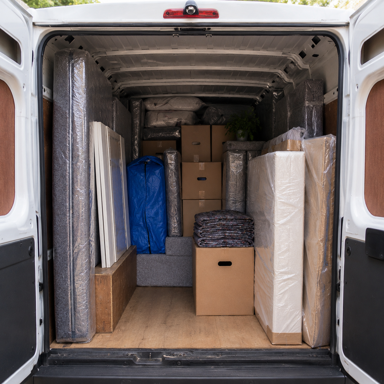 Furniture, mattresses and boxes carefully wrapped and protected inside a Caritas Removals van